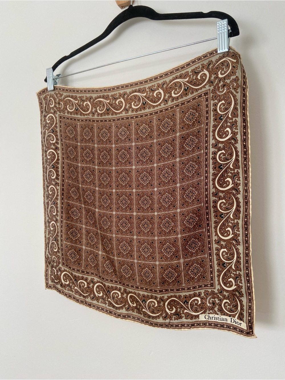 Vintage Christian Dior Silk Scarf Brown Light Green Paisley Print - Picture 4 of 7